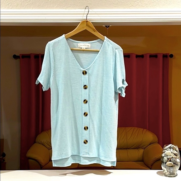 French Laundry Light Blue White Striped High/Low Button-Up Women's Top Size M - Picture 2 of 6